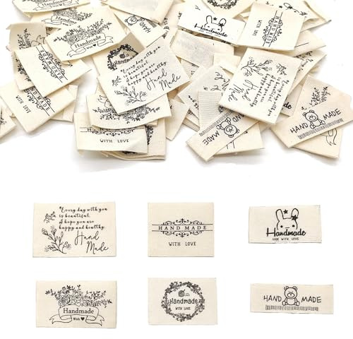 LIANCHEN 60 Pcs Handmade Label Zum Annähen Sprüche 6 Größen Stofflabel | Groß Label Personalisiert zum Annähen Etykieta Tekstylna Handmade für Nähen, Kunsthandwerk, Stricken(Beige)