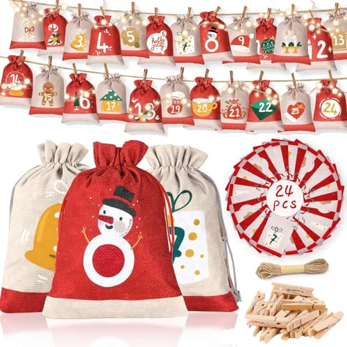 Powmag Adventskalender zum Befüllen, 24 Bunte Adventskalender Säckchen, Adventskalender zum Befüllen Stoff, Adventskalender Beutel mit Holzklammern, Hanfseil, Adventskalender 2024 Junge, Mädchen