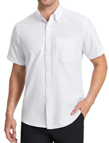 HISDERN Chemise Oxford À Manches Courtes Homme Blanche Classique Coupe Régulière Chemisette Manch Courte Uni pour Homme avec Poche, XL