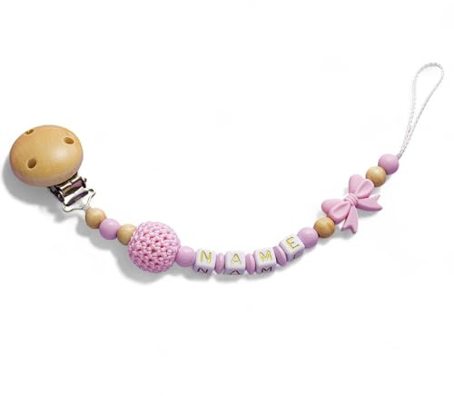 Schnullerband mit Namen für Mädchen & Junge mit Ihrem Wunschnamen - verschiedene Modelle - in DE erstellt (Rosa (Schleife))