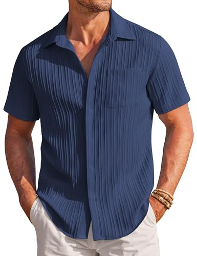 COOFANDY Herrenhemd Kurzarm Bügelfrei Sommerhemd Textured Freizeithemden für Herren Strandhemd mit Brusttasche Regular Fit Navyblau XL