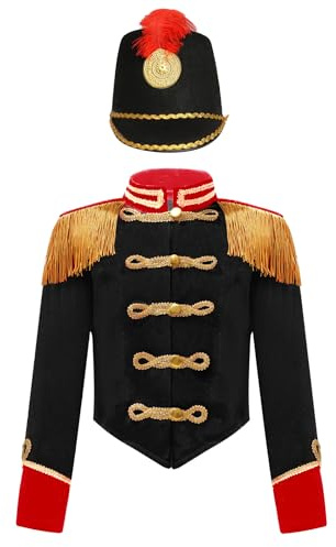 Fldy Tenue de fanfares pour enfant - Uniforme de tambour - Chapeau et blazer à manches longues - Pour Halloween, carnaval, festival, performance, Noir , 158-164