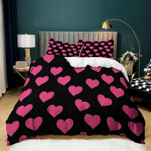 Rosa Copripiumino Matrimoniale 240x220 Forma geometrica del cuore 3D Stampa Morbida Microfibra Biancheria da Letto con Cerniera per Bambini/Adulti 1 Copripiumino + 2 Federe 50x80 cm