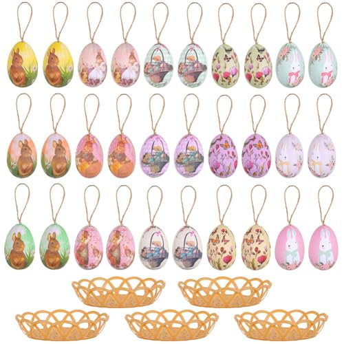 LICHENGTAI 30 Stück Bemalte Kunststoff Eier Ostereier zum Aufhängen für Osterdeko, Bunte Plastik Eier Ostern, Ostereier-Dekorationen Mini Ostereier für Ostern Deko, Ostern Geschenke Kinder
