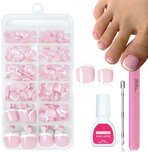 Fake Toe Nails Set, False Toenails with Glue, Nude Pink French Tip, 120PCS | Stick On Toenails Kit,Short Square,Glossy Full Cover, ABS, 12 Sizes, for Women, Home DIY Pedicure,Weddings and Parties