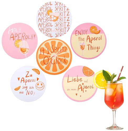6 Stück Aperol Untersetzer – Lustige Getränkeuntersetzer mit Sprüchen – Geschenk für Aperol Liebhaber – Sommer Tischdeko– 10 x 10 cm