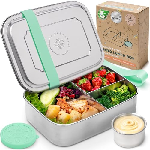 Everusely - Bento Box para Niños - Verde - 1,8 L - Lonchera de Acero Inoxidable con Contenedor Hermético para Condimentos - Contenedor de 3 Compartimentos