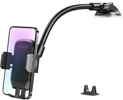 Zpana Car Phone Holder, Long Arm 360° Rotation Vehicle Cell Phone Mount with Suction Cup, Anti-Shake Automotive Dashboard Windshield Smartphone Holder, Universal for SUV RV Truck (Black)
