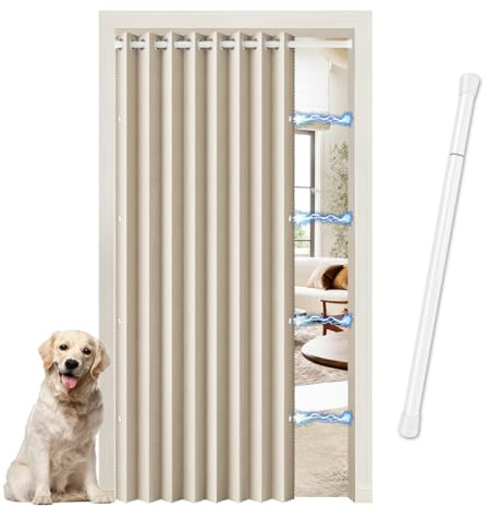 JCyh Blickdicht Tür Vorhang innen mit Stange und Magnetknopf, Folding Door Curtains ohne Bohren für Kälteschutz/Blackout/Schallschutz/Raumteiler, Türvorhang Sand H200 x B150 + Stange Weiß 70-128 cm