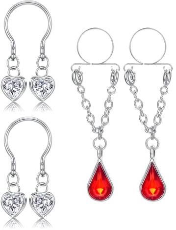 Funseedrr 2 Paires de Faux Anneau de Mamelon avec Pendentif en Acier Inoxydable Non percé Barre de Téton Piercing Bijoux