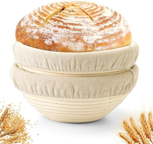 Bannette Banneton Bread Proofing Basket 10 Round Set of 2 | Sourdough Banneton Baskets with Linen Liners | Round Banneton Bread Basket for Sourdough Baking Supplies | Non-Stick Bread Proofing Bowl