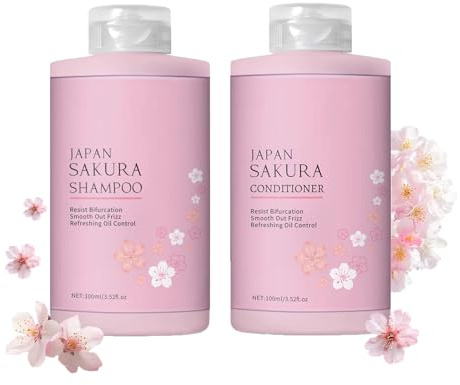 Ensemble shampooing et après-shampoing aux fleurs de cerisier - Ensemble de soins capillaires de voyage - Parfum longue durée - Hydratation intense, réparation des dommages, contrôle des frisottis