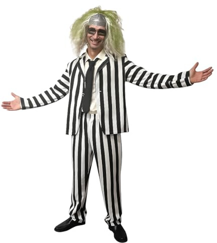 SoWest Men’s Black & White Striped Suit Costume – Adult Horror Fancy Dress Outfit with Jacket, Trousers & Wig | Halloween Comedy Ghost Character Cosplay for Adults