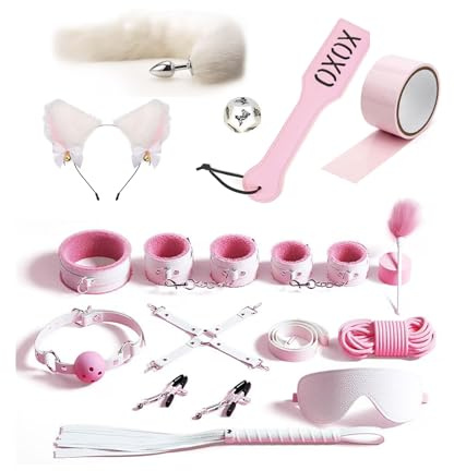 15pcs BDSM Bondage Kit, Restraints Set Sex Toys Anal Plug Tail Adult Bondage Gear & Accessories Esposas Sexuales, Bondage Equipment for Women Men Couple White&Pink