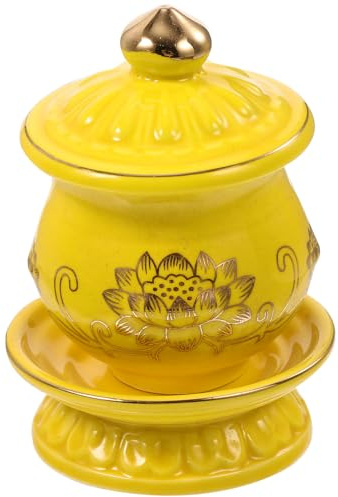 BESPORTBLE Coppa Offerta Acqua Buddista in Porcellana Dorata con Vassoio e Coperchio Ciotola per Purificazione e Rito nel Tempio Decorazione Religiosa per Altare e Casa