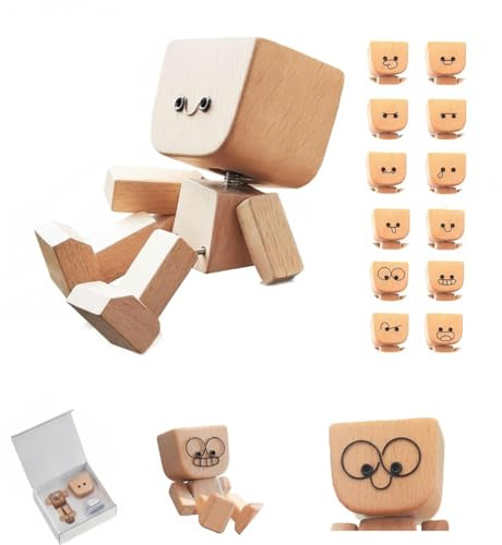 Shaking Wooden Man Figurine avec 12 Expressions Interchangeables,Figurine D'Homme en Bois Tremblant Intéressant,Car Dashboard Decoration,pour Bureau,Voiture,Maison,Cadeau Créatif