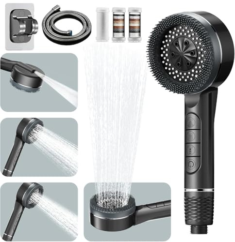 High Pressure Shower Heads, 4 Mode Power Shower Head with Pause Switch, Shower Pro Head Showerhead with Water Filter, Grey