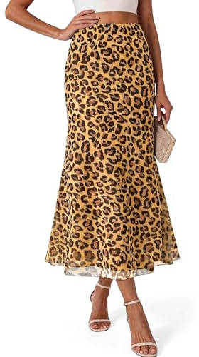 Wenrine Jupe maxi fleurie trapèze - Léopard - Jupe longue élastique - Taille haute - Jupe maxi décontractée à pois