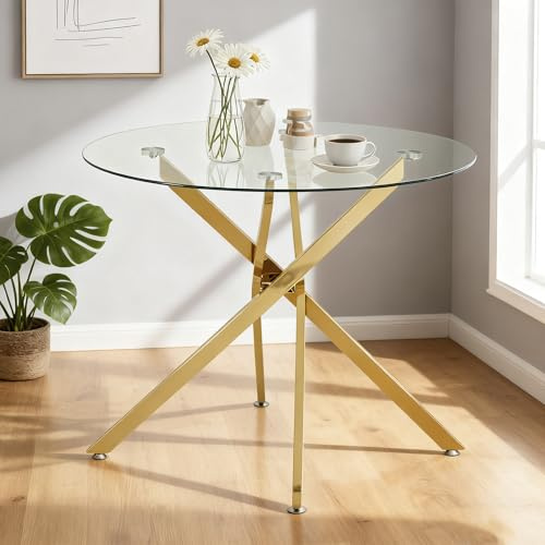 IANIYA runder Esstisch aus gehärtetem Glas, moderner Couchtisch | Esstisch mit goldenem X-förmigem Metallgestell, Küchentisch für 2-4 Personen, Minimalistischer Tisch für Küche & Esszimmer
