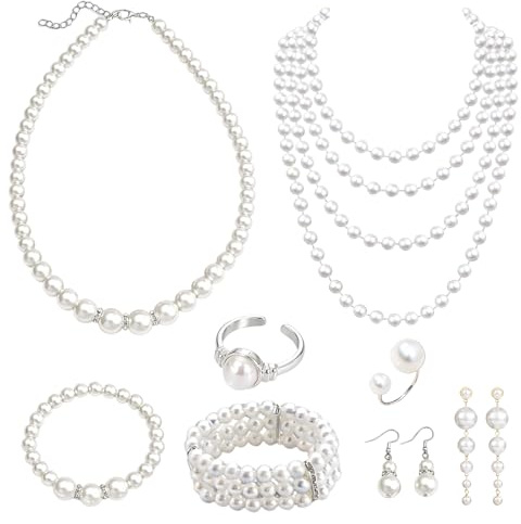 Pearl Jewellery Sets for Women, Vintage Style Pearl Necklaces and Costume Jewellery, 1920s Inspired Accessories for Themed Events and Formal Occasions, 10-Piece Collection in Silver Tone with Adjustab