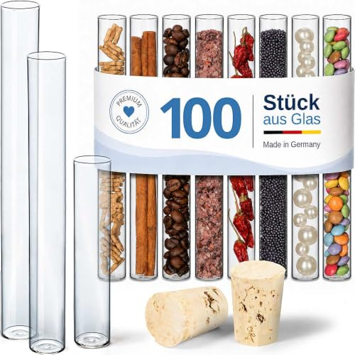 Tuuters 100 Stück Glas Reagenzgläser mit Korken (160 x Ø 20mm) Flachboden | 40ml Reagenzglas mit Naturkorken zum Hinstellen - Ideal als Gastgeschenk, Gewürzglas, für Blumensamen oder Geldgeschenke