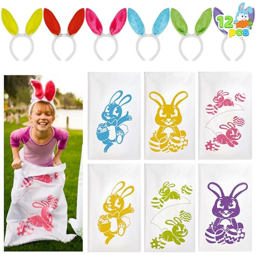 JOYIN 6 Sacos de Patatas para Carreras de Saltos 40 x 24 con Diademas con Orejas de Conejo, para Todas, Juego de búsqueda de Huevos de Pascua, Suministros para Fiestas, Juegos Familiares