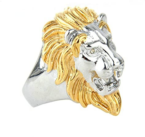 Gualiy Ringe Herren Edelstahl, Biker Ringe Herren, Punkrock-Löwe Silber Gold Verlobungsringaus Edelstahl 316L Silber Gold Ringgröße 60 (19.1)