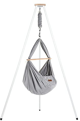 SCHMUSEWOLKE Berceau à ressorts Gris – Ensemble avec cadre en tipi blanc – Hamac pour bébés et tout-petits de la naissance à 3 ans – Coton bio – Avec matelas en laine de mouton