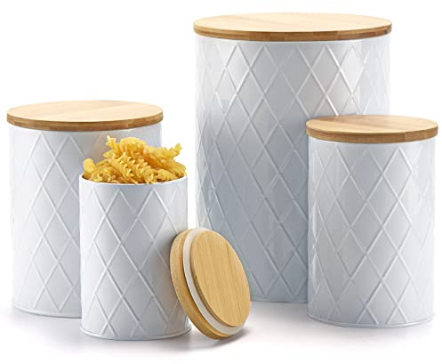 Kazozobi White Kitchen Canisters Set with Bamboo Lids, Airtight Sugar, Flour, Coffee, Cookie Storage Canister Sets for kitchen Countertop, Farmhouse kitchen decor, 4 Pack