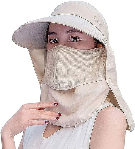 Vikbar kapeline till dam solhatt med avtagbart ansiktsskydd, anti-UV, Brim bred, för fiske, vandring, resor, strand, Beige färg, One size