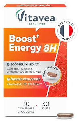 Vitavea - Booster Energie Immédiate et Prolongée Action 8H - Réduit la Fatigue - Guarana, Ginseng, Caféine, Vitamine C, Vitamines B12 et B2, Fer - 30 comprimés - 30 jours - Fabriqué en France