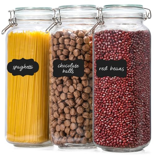 VITEVER [ Taller ] 92oz Glass Jars with Airtight Lid, Large Glass Food Storage Jars, 3 Pack Wide Mouth Airtight Glass Jars for Kitchen Pantry Spaghetti, Square Mason Jars with Labels