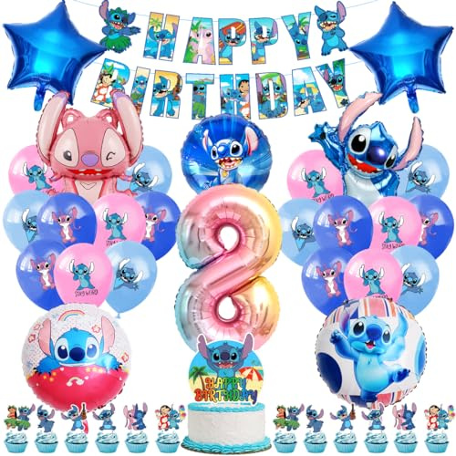 Luftballons Kinder Geburtstag Deko 8 Jahre, Foil Balloons Geburtstagsdeko, Party Deko Set mit Tortendeko und Happy Birthday Banner für Kindergeburtstag 8. Mädchen Junge Party Dekoration