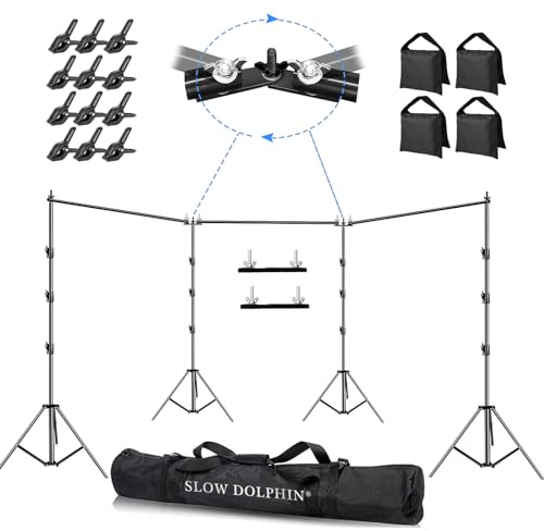 SLOW DOLPHIN Photo Video Studio 30ft (Wide) x 10ft (Tall), Degree Crossbar Rotatable, Angle Adjustable Triple Crossbar Extender Mount, Photography Background Support System, Sand Bags,Clamps