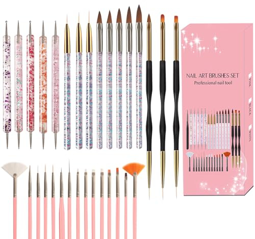31 Stück Nagel Pinsel Set, Professionelle Nageldesign Nail Art Pinsel Kit Nagelpinsel für Acryl Gelnägel, Nail Liner Pinsel Nail Dotting Pen Staubbürste Nagelbürste für DIY Nail Art Designs Malerei