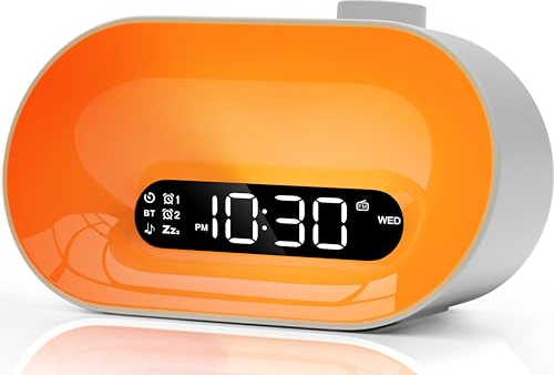 Lampe de Réveil avec Haut-parleurs Bluetooth, Réveil Lumineux avec Radio FM, 2 Alarmes, Snooze, 8 Sonneries, 10 Sons Hypnotiques, Lampe Atmosphère 16 Couleurs de Lumière pour Fête/Anniversaire/Noël