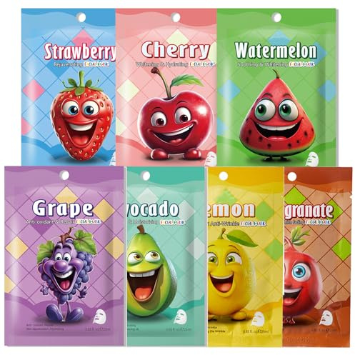 Face Masks for Kids, 7Pcs Fruit Sheet Mask, Sheet Face Mask Set for Teenage Girls, Hydrate Brighten Moisturize Soothe Fasial Masks for All Skin Types Teenage Girls Gifts