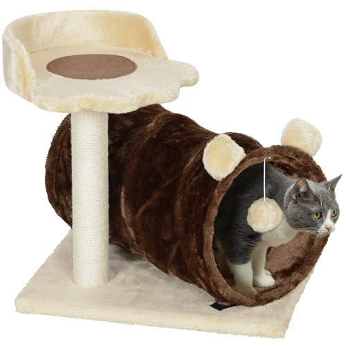 PawHut Árbol Rascador para Gatos - Torre con Túnel, Nido, Plataformas, Bola de Juguete y Poste de Yute Marrón Oscuro - Altura 47 cm