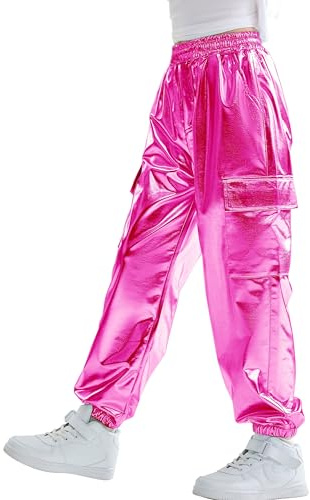 Rolanko Pantalones Cargo Niñas, Dance Hip Hop Pantalones Metálicos Brillantes Cintura Elástica Retro Streetwear, Rosado, 6-7 años,130