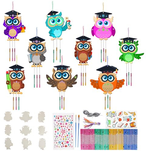 9 Stück Windspiel Bastelset Kinder, Eule Holz Windspiel Bastelset für Schulanfang Party Dekoration, Holz Klangspiel Basteln Deko Garten für Mädchen Junge Schulanfang Party, Geschenke Einschulung