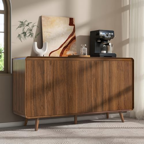 Nasonet Mid Century Modern Buffet Cabinet with Storage, 55 Inch Sideboard Credenza with Doors & Shelves Console Coffee Bar Table for Living Room, Kitchen, Dining Room and Hallway, Walnut