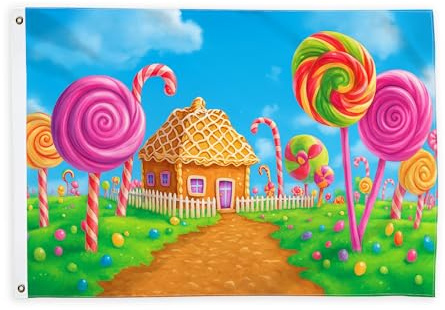 Süßigkeitenflaggen für draußen, fantasievolle bunte Haus-Lutscher-Sommer-Pfirsichflaggen mit Seil-Banner, für den Außenbereich, lichtbeständig, Dekoration für Terrasse, Campingplatz, Veranda, 90 x 150
