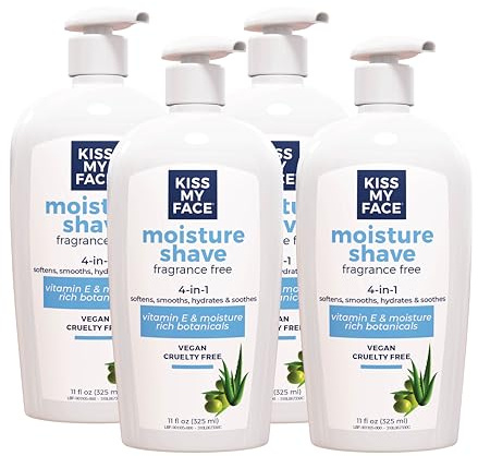 Kiss My Face Moisture Shave Cream, Fragrance Free Shaving Cream for Men and Women, 11 oz Pump Bottle, Pack of 4 (Packaging May Vary)