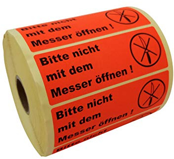 Prolac – 1000x „BITTE NICHT MIT DEM MESSER ÖFFNEN“ Warnhinweis Aufkleber (Warnaufkleber) | Sticker selbstklebend | Warnetiketten | Kein Klebeband/Kleberolle - 100 x 36mm