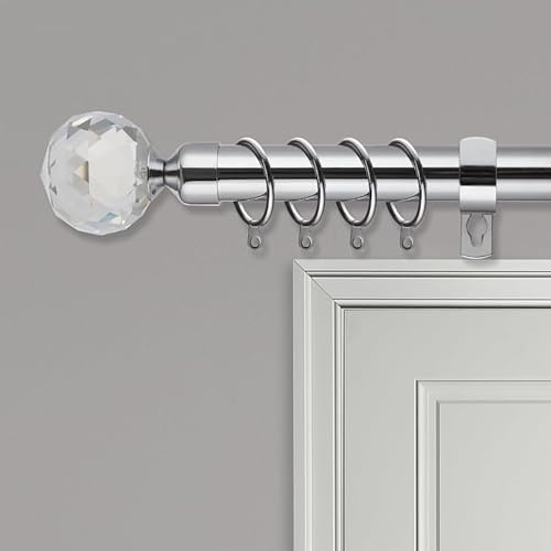 Extendable Curtain Pole | Crystal Metal Curtain Pole Set 25mm | Includes Rings, Finials, Brackets & Fittings (40cm to 325cm, Chrome)