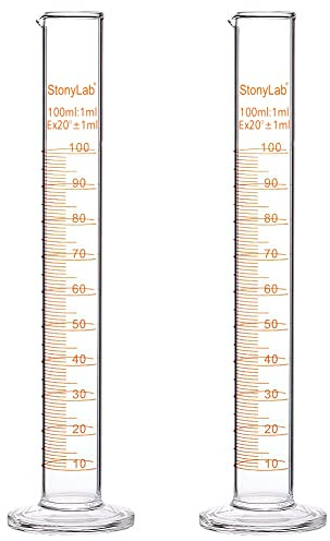 StonyLab 2-Pack Borosilicate Glass 100ml Heavy Wall Graduated Cylinder Measuring Cylinder, 100ml