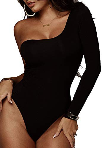 NBBNYJ Damen Elegant Body Sommer Top Schulterfrei One Shoulder Bodysuit Dessous Rompers Jumpsuit Leotard Overalls (Schwarz, Large)