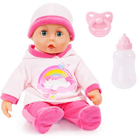 Bayer Design 93824AY Babypuppe First Words mit Schlafaugen, 24 Babylaute, 38 cm, rosa, Einhorn