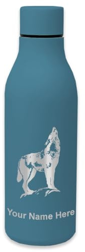 LaserGram Double Wall Stainless Steel Water Bottle, Howling Wolf, Personalized Engraving Included (Slate Blue)