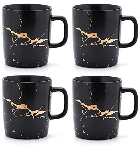 Coffeezone 12 oz Matte Ceramic Marble Tea Coffee Mugs Luxury Gold Inlay (Black, 4 Mugs Gold Marble)